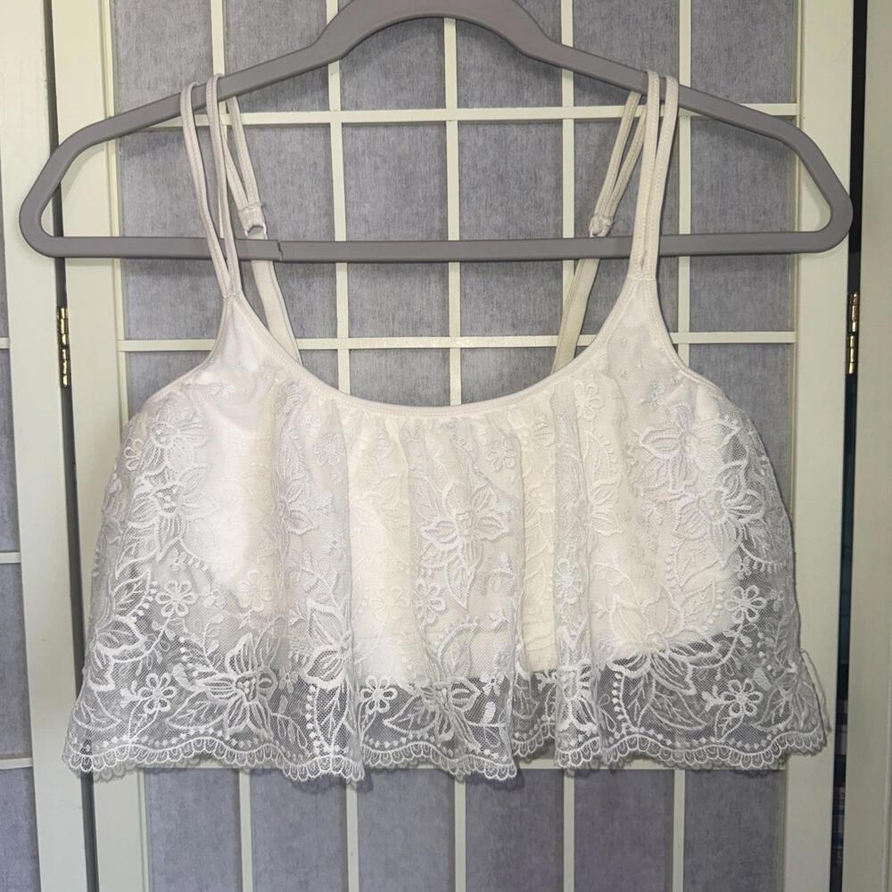 Aerie Bralette Pullover Wireless Lace Overlay Crop Top Bra Cream‎ Size Large